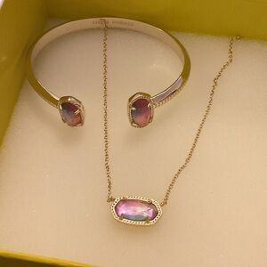 Kendra Scott Gold Tone Elton Pink Iridescent Cuff Bracelet Elisa Necklace Set